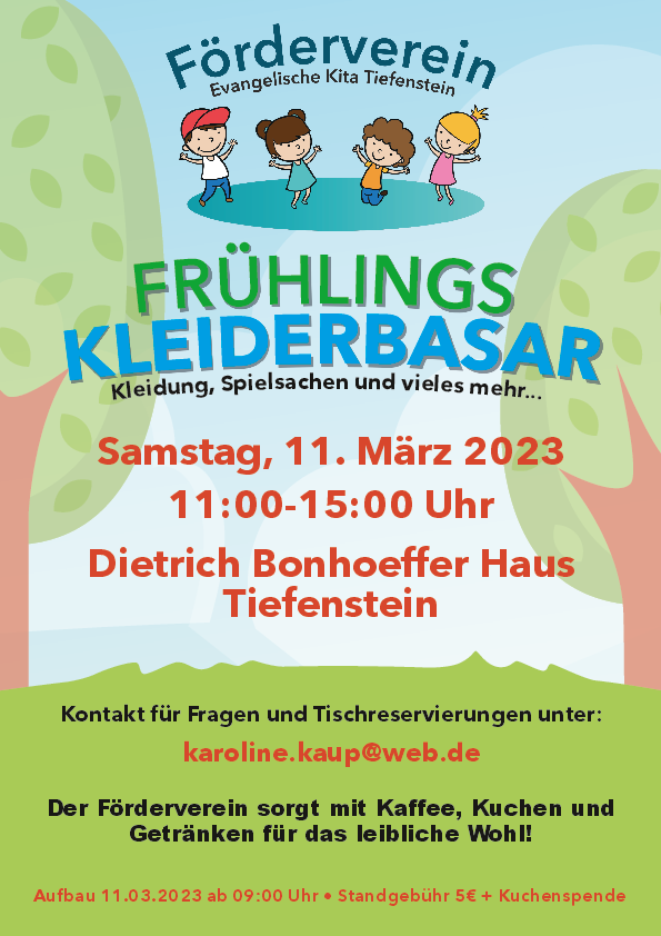 Veranstaltungsplakat des Fördervereins der Kita Tiefenstein zum Frühlingsbasar rund ums Kind